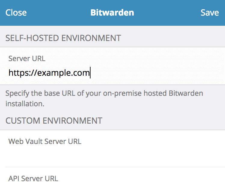 Bitwarden Firefox 扩展的登录前设置界面